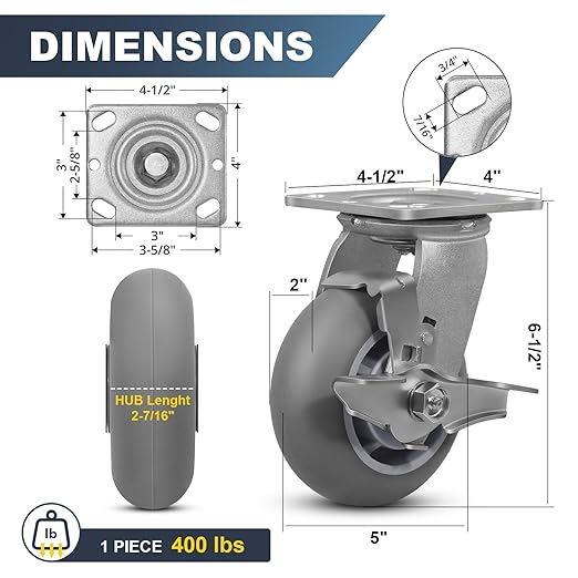 5" x 2" Thermoplastic Rubber Wheels (Crown Tread)- Set of 4 Heavy Duty Casters- 1600 LB Capacity- No Noise Plate Caster for Furniture Platform Trucks Workbench (2 Brake & 2 Swivel)