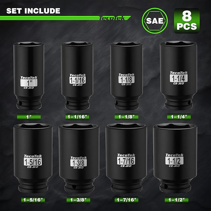 1/2" Drive Deep 6-Point Impact Socket Set, 8-Piece Standard SAE Spindle Axle Nut Impact Socket Set, Cr-Mo, 1-Inch to 1-1/2-Inch Size
