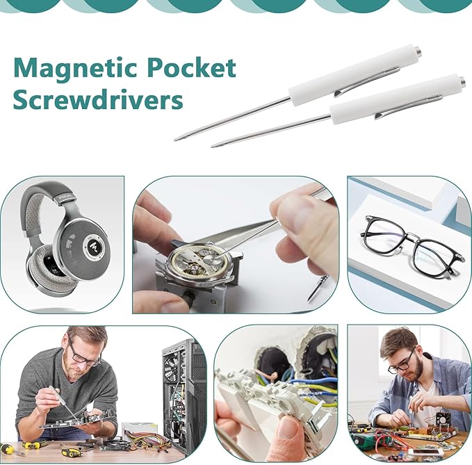 2 Piece Pocket Screwdriver Set with Magnetic Tip and Pocket Clip - Mini Tops and Clips - Ideal Repair Tool for Home, Office, Gadgets - Mechanics, Electricians, Technicians