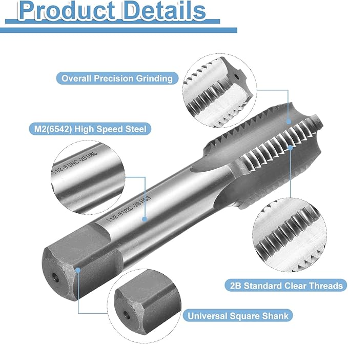 uxcell Hand Bottom Tap 1-1/2-6 UNC 2B Thread Bottoming Style Threading Taps High Speed Steel HSS6542 Straight Flutes Screw Tapping Tool