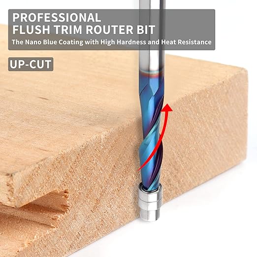 EANOSIC 5PCS Upcut Spiral Flush Trim Router Bit, 1/4 Inch Shank Solid Carbide Flush Trim Router Bits CNC Spiral Bit with Nano Blue Coating(1/4" Shank Up-Cut)