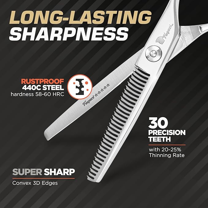 Professional Thinning Shears 6 Inch with Extremely Sharp Blades, 440C Steel Thinning Scissors, Durable, Smooth Motion & Fine Cut, Hair Scissors with Elegant Sheath, Cleaning Leather & Key
