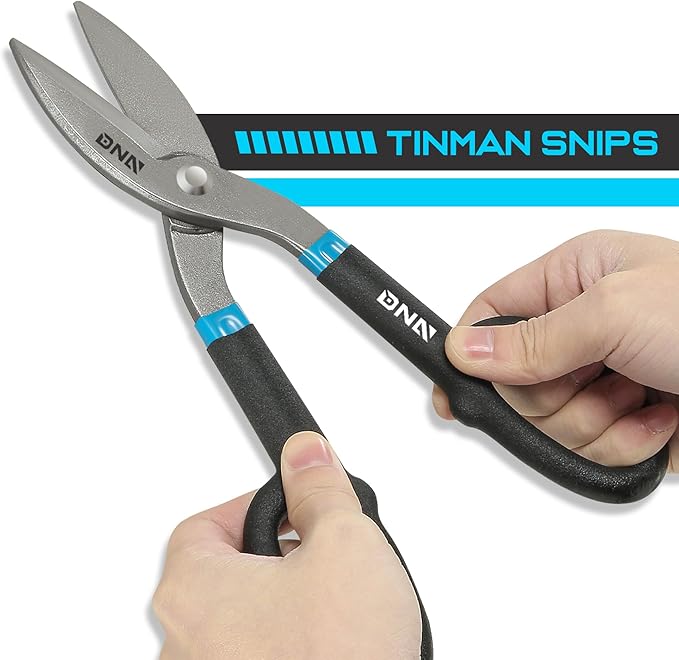 DNA Motoring Straight Cut Tin Snip Shears, Heavy Duty High Carbon Steel with Vinyl-Dipped Handles, Black/Blue, TOOLS-00491
