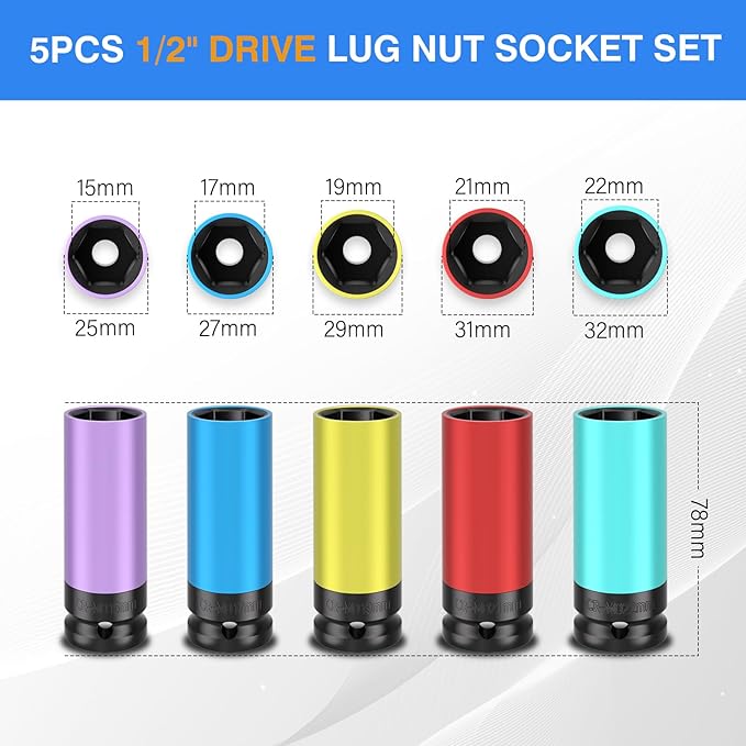 5PCS 1/2" Drive Wheel Protector Impact Socket, Non-Marring Lug Nut Deep Socket Set, CR-MO, 6 Point, Color-Coded Protective Socket | Metric 15 17 19 21 22 mm