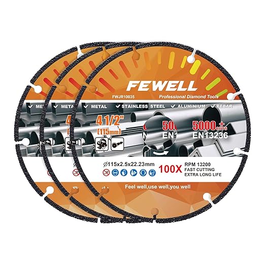 FEWELL 4 1/2 Inch Diamond Cutting Wheel with 7/8" Bore,Metal Cut Off Wheel with 5000+ Cuts for Angle Grinder on Metal,Rebar,Steel,Iron and INOX(3 Pack)