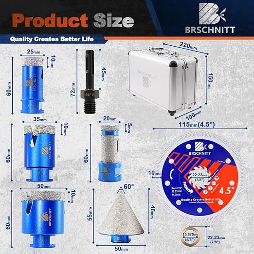 Diamond Core Drill Bit Set - BRSCHNITT Tile Hole Saw Kit 1" 1-3/8"2"& 4/5" Finger Bit & 2" Chamfer Bit for Porcelain Tile Ceramic Marble Granite&Diamond Blade