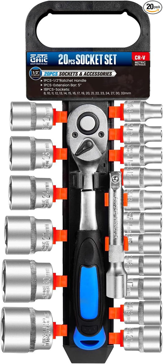 20 PCS 1/2" Drive Metric Socket Wrench Set,90-Tooth Reversible Ratchet Handle竊? Point Shallow Sockets (8-32mm) and Extension Bar 5", CR-V Steel, Car Repair Set