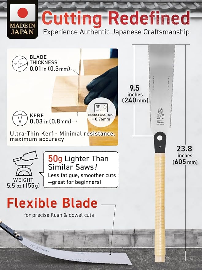 HIBINO Japanese Pull Saw 9.5” Ryoba | Multi-Cut & Cross-Cut Teeth | Lightweight Double-Edge Blade for Dovetails, Tenons & Woodworking | Replaceable Blade | Simple Assembly Required | Made in Japan
