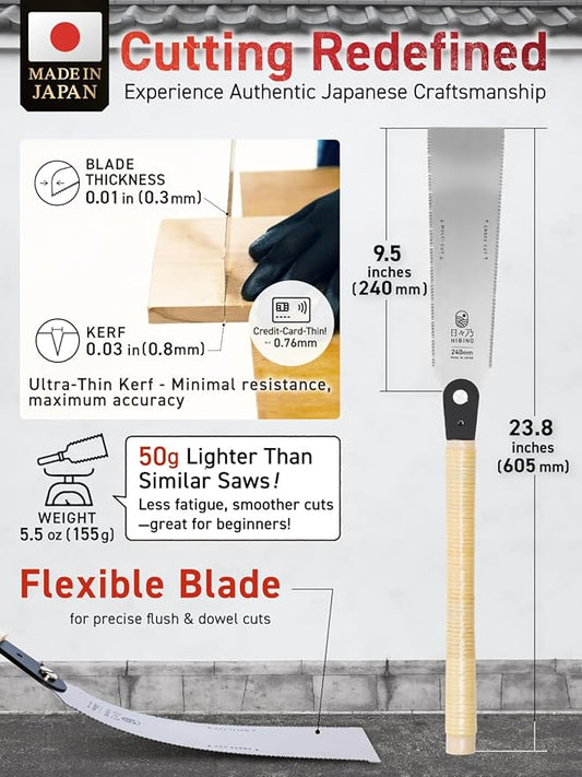 HIBINO Japanese Pull Saw 9.5” Ryoba | Multi-Cut & Cross-Cut Teeth | Lightweight Double-Edge Blade for Dovetails, Tenons & Woodworking | Replaceable Blade | Simple Assembly Required | Made in Japan