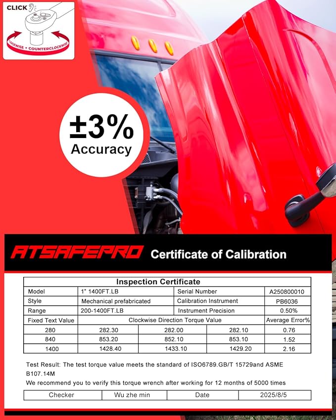 Atsafepro 3/4 Torque Wrench 100-850 Ft-Lb -짹3% Accuracy, 47.3" Long Handle, 48-Tooth Reversible Ratchet, Cr-V Steel, Dual Scale,3/4" Drive Click Heavy Duty Torque Wrench for Industrial, Truck, Turbine