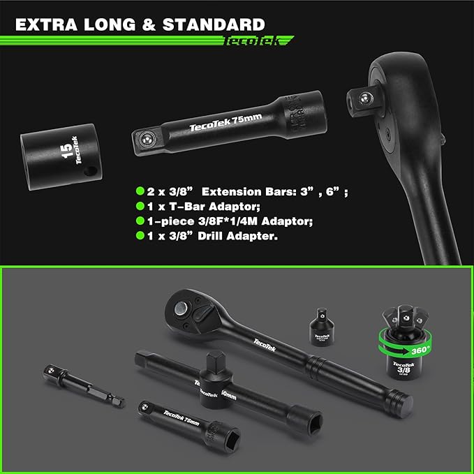 3/8" Drive Impact Socket Set, 109-Piece SAE (5/16"-1") and Metric (6mm-24mm), Deep & Shallow, 6 Point, Adapters, Ratchet Handle, Screwdriver Bit Set, Spark Plug Socket