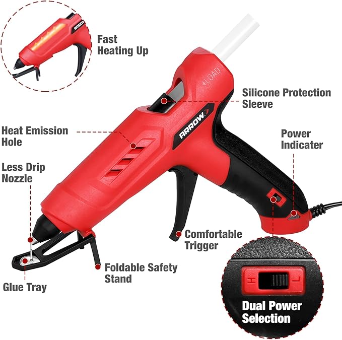 Arrow Full Size Dual Temp Glue Gun Kit with 12 Sticks - Professional, High/Low Temperature, Fast Heating, Heavy Duty with Stand for D챕cor, Crafts, Repairs, Construction