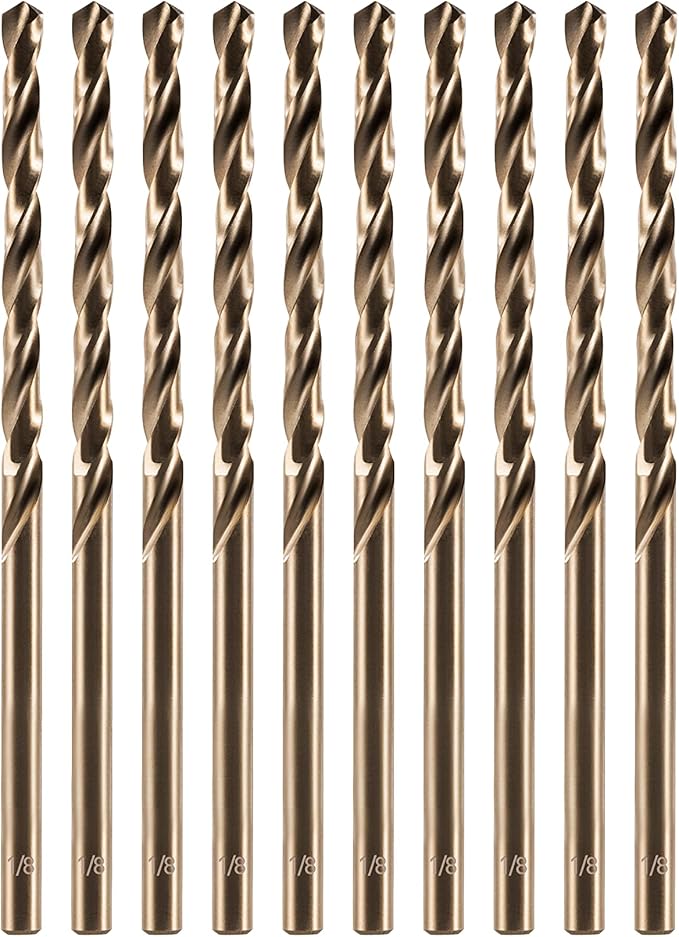 amoolo 1/8" inch Cobalt Drill Bits(10Pcs), M35 HSS Metal Jobber Length Twist Drill Bit Set for Hard Metal, Stainless Steel