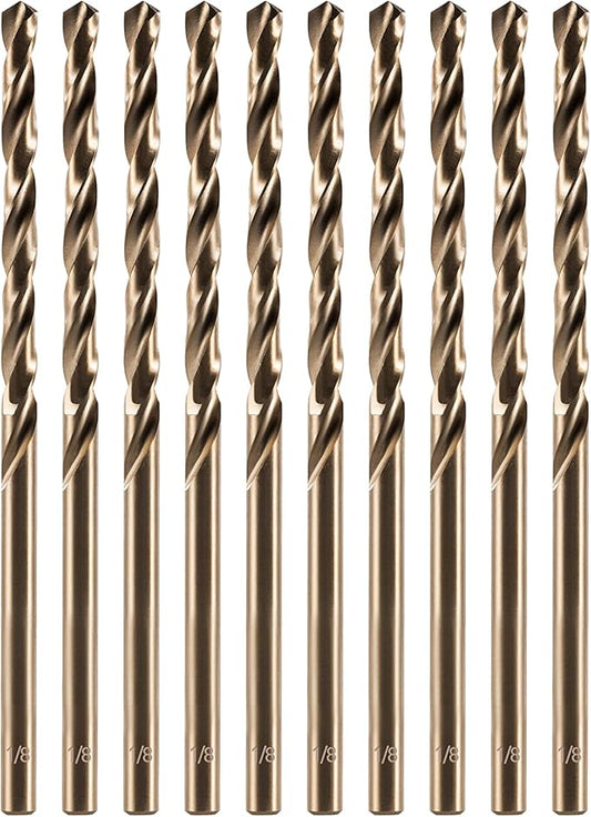 amoolo 1/8" inch Cobalt Drill Bits(10Pcs), M35 HSS Metal Jobber Length Twist Drill Bit Set for Hard Metal, Stainless Steel