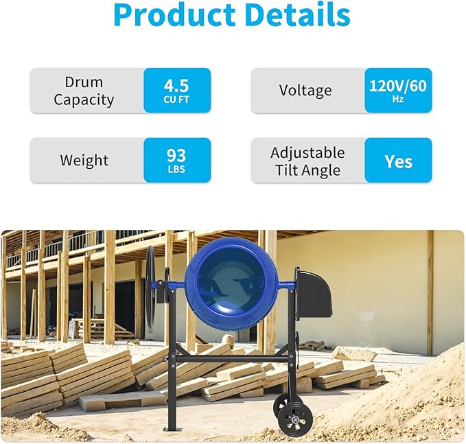 4.5 Cu.Ft. Electric Cement Mixer, 120L Dumb Portable Concrete Mixer with wheel&Stand,120V Mortar For Concreat,Mortar,Feeds and Seeds, Blue