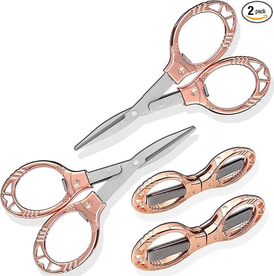 Mini Folding Scissors, Safe Portable Travel Mini Scissors, Stainless Steel Retractable Small Scissors for Home Office, 2 Piece Set (rose gold-A)