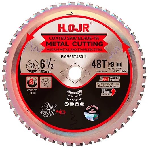 Dia 6-1/2"(165mm) 48-Tooth Arbor 5/8" Metal Cutting Circular Saw Blade, for Steel and Stainless Steel,The Cutting Head Uses a Special Anti-Heat Sticking Coating,FMB 6-1/2 inch 48-Tooth 5/8"-TA