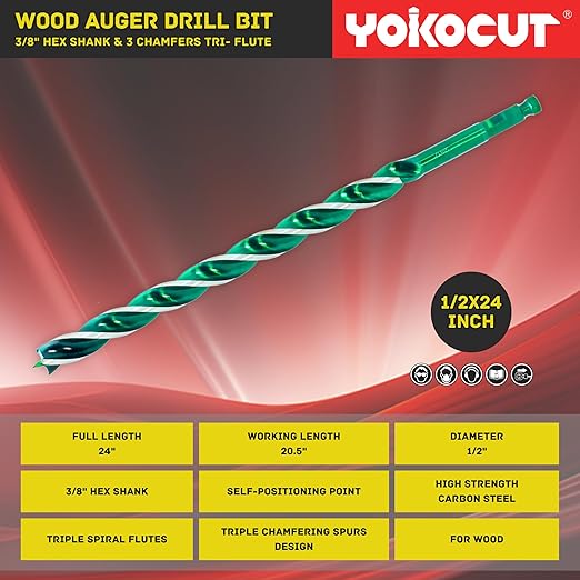 1/2"x 24" Auger Drill Bit for Wood, Hex Shank Tri-Flute Woodworking Drill Bits, Ship Auger Long Drill Bit for Soft and Hard Wood, Plastic, Drywall, Tree Stump and Composite Materials