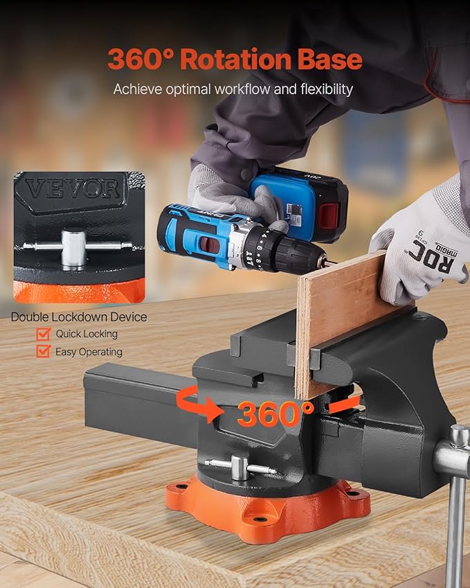 VEVOR Bench Vise, 8" Jaw Width, 8" Max Jaw Opening Multipurpose Vise with 360째 Swivel Locking Base, 3.7" Throat Depth, Heavy Duty Ductile Iron Workbench Vise, Two-Way Jaws for Clamping Round Pipes