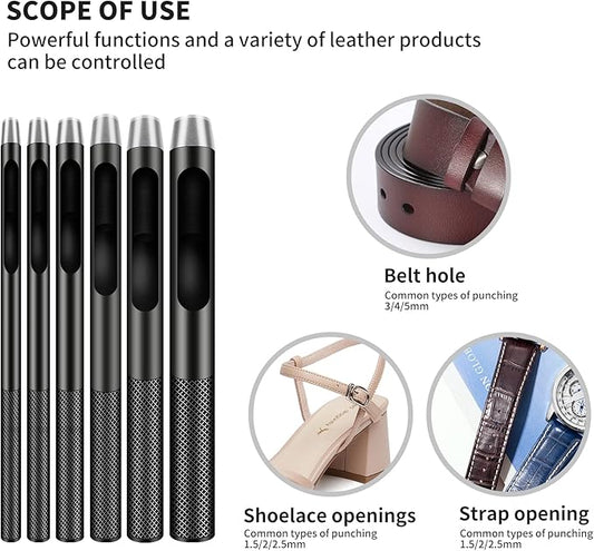 6PCS Leather Hole Punch Set (1.5mm-5mm) | Industrial Grade Stainless Steel Belt Hole Puncher for Leather Craft, Watch Bands, Gasket Belts | Hand-Polished Sharp Blades & Durable Design