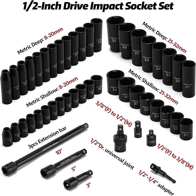 AIRTOON 1/2-Inch Drive Impact Socket Set, 49 Piece Deep & Shallow Metric Socket Set 8mm to 32mm, 6 Point, CR-V Steel for Auto Repair, Easy-to-Read Size Markings, Rugged Construction, Storage Case