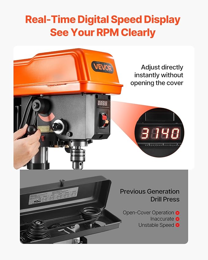 VEVOR 10-Inch Benchtop Drill Press, 5 Amp, 0.8 HP 600W Bench Drill Press, 530-3140 RPM Variable Speed, 0-45째 Tilting Worktable, with Laser and LED Work Light, Tabletop Drilling Machine, for Wood Metal