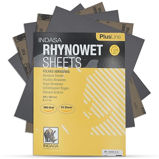 Indasa 50 PCS 9x11??Wet & Dry Sandpaper Sheets, 280 GRIT, Rhynowet Clog-Resistant Abrasive for Wood, Metal, Auto, Paint & Clear Coat Finishing, Sand Paper Aluminum Oxide, Plusline