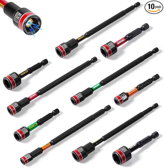 Impact Nut Driver Set, 10 Pieces 2.56???쒵ong 1/4??/16??/8??/16??1/2?? Point Alloy Steel Magnetic SAE Nut Setter Set Use For Require Installing 1/4 Hex Shank Impact Driver with Case Box