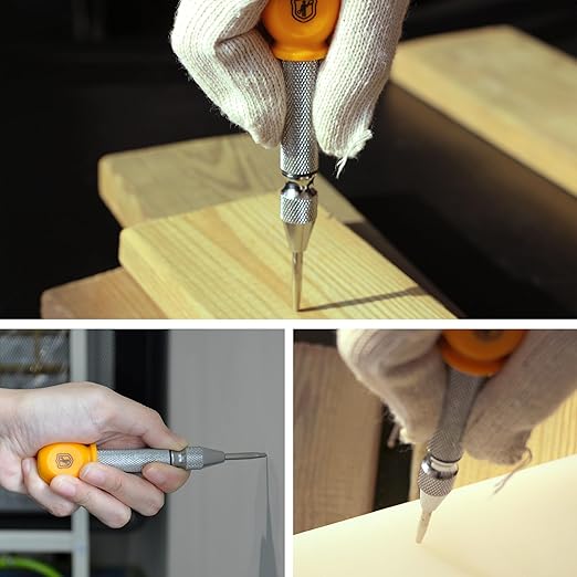MulWark 5" Spring-Loaded Automatic Steel Center Hole Punch Marker Scriber for Wood, Metal, Plastic, Car Window Puncher Breaker Tool-with Palm Cushion Cap, Adjustable Impact-A Replacement Tip Included