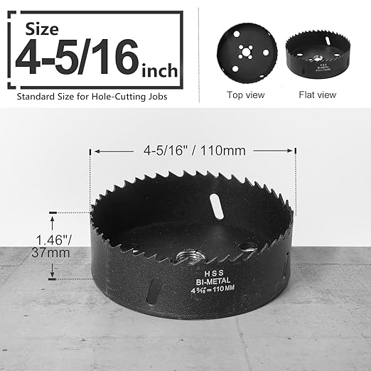 4-5/16 Inch Hole Saw with 3/8" Triangle Shank Quick Change Arbor, JTemgle Bi-Metal Hole Saw Heavy Duty Hole Cutting Tool for Cornhole Boards, Recessed Lights, Wood, Plastic, Drywall & Soft Metal