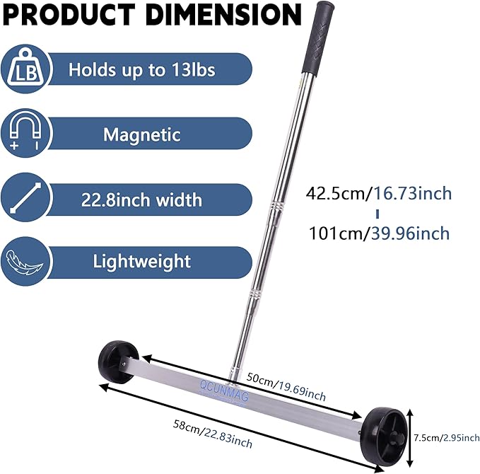Rolling Magnetic Sweeper with Wheels - 20-Inch Heavy Duty Magnet Roller to Pick Up Nails with Telescoping Handle, 13LB Capacity for Workshop, Garage, Yard & Construction Cleanup