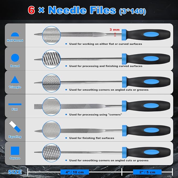 MORROWIND Small 6-Piece Needle File Set, Diameter 0.11" Length 5.51" Hardened Alloy Steel Mini File for Metal Wood Plastic, Includes Flat, Warding, Square, Triangular, Round, Half-Round, Blue