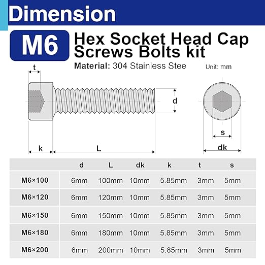 10Pcs M6 Hex Socket Head Screws, Stainless Steel Full Thread Bolts Assortment Kit in 100mm, 120mm, 150mm, 180mm, 200mm