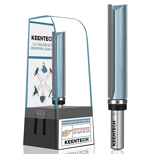 KEENTECH 1/2" Shank Flush Trim Router Bit with Top Bearing, Extra Long, Carbide Tipped Pattern Bit for Woodworking, Heavy Duty Template Cutting Tool, 3/4" Diameter x 3-1/2" Cutting Depth