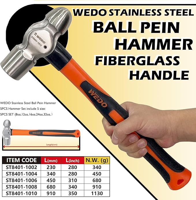 WEDO 5PCS Ball Pein Hammer Set,8oz,12oz,16oz,24oz,32oz Stainless Steel Ball Peen Hammer Set With Fiberglass Handle,Die-forged,Shock-resistant,Corrosion Resistant Drilling Hammer