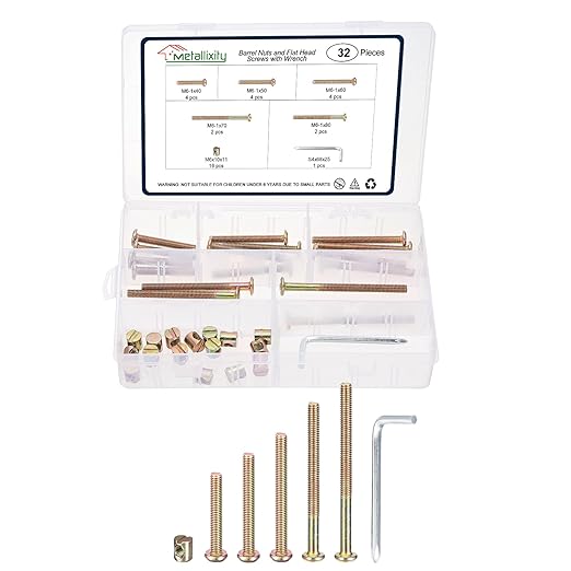 METALLIXITY Furniture Crib Screws Replacement Set with Wrench(M6-1x40/50/60/70/80mm) 32Pcs, Connector Bolt M6 Screw Barrel Nuts Binding Screws, for Chair Cabinet Bed, Yellow