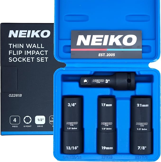 NEIKO 02281B 1/2" Drive Impact Flip Socket Set, Thin Wall Socket, 4 Piece Lug Nut Impact Socket Set, SAE and MM, 3??Extension Bar, Cr-Mo Steel, Impact Lug Nut Socket Set