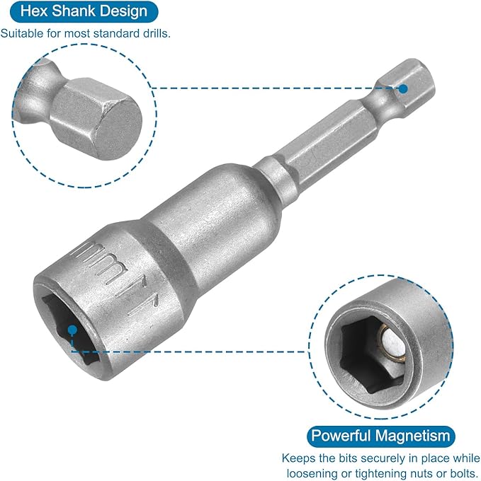 uxcell 11mm Magnetic Hex Socket 65mm/2.56", 1/4" Hex Shank Magnetic Power Nut Driver Set CR-V Quick-Release Extensions for Impact Drill Nut Setters Socket Wrench Screw, 2 Pcs