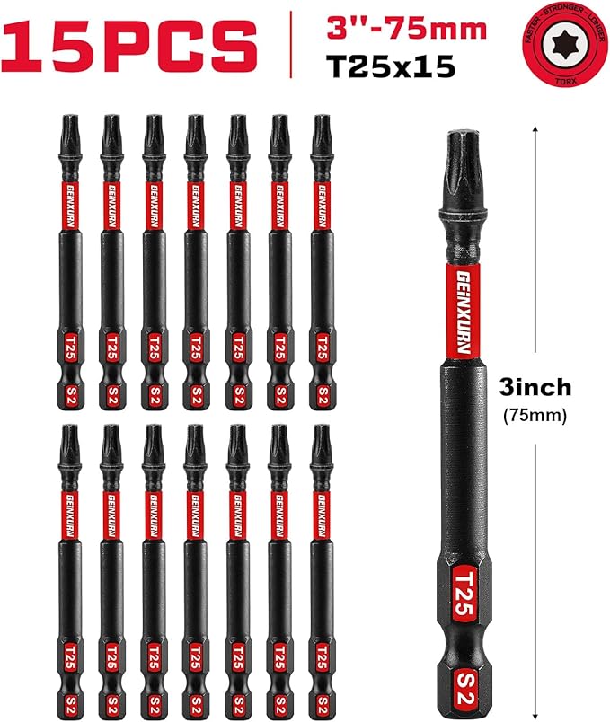 15Pieces T25 3 In. Impact Tough Magnetic #25 Torx Head Power Bits, S2 Alloy Steel T25 Screwdriver Bits Set