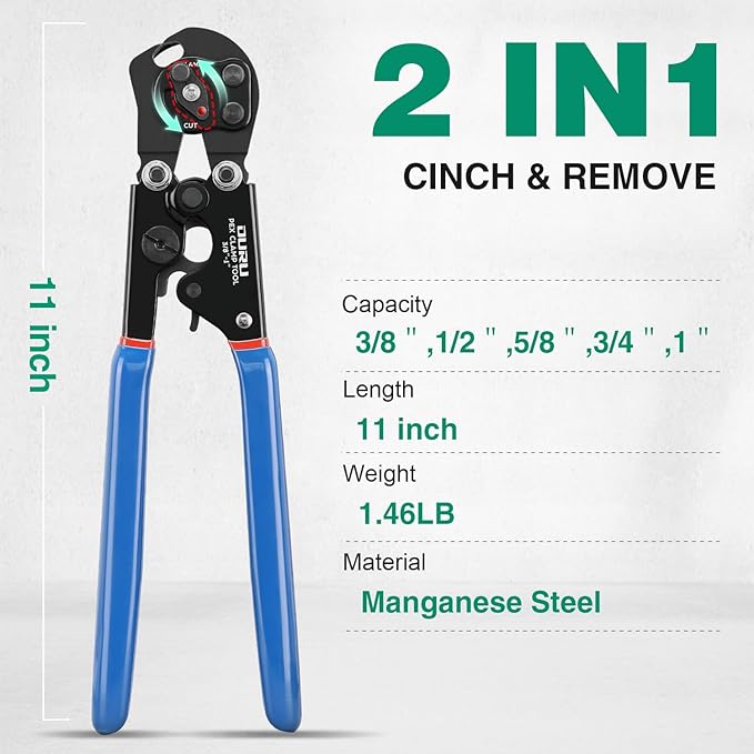 2 IN 1 Ratchet Pex Crimping Tool Cinch and Remove Combo Function Pex Pipe Crimp Tool from 3/8" to 1" Pex Crimper with Pex Cutter and Stainless Steel Pex Clamps 1/2" 25PCS, 3/4" 10PCS in Plastic Box