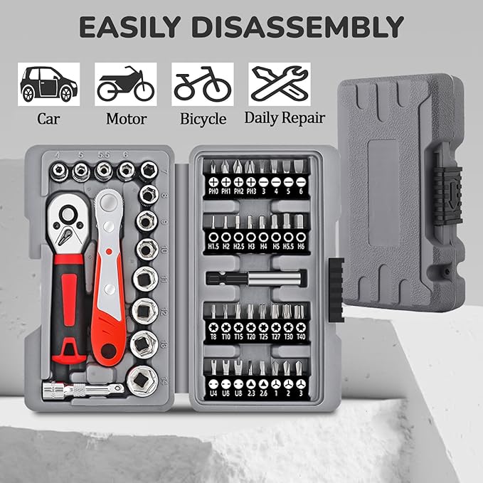48 Pcs 1/4 Inch Ratchet Socket Wrench Set and Screwdrivers Bit Set with 2" Extension Bar and Magnetic bit Splicer Bar, Suit for Home Maintenance, Auto, Motorcycle, and Bicycle Repair