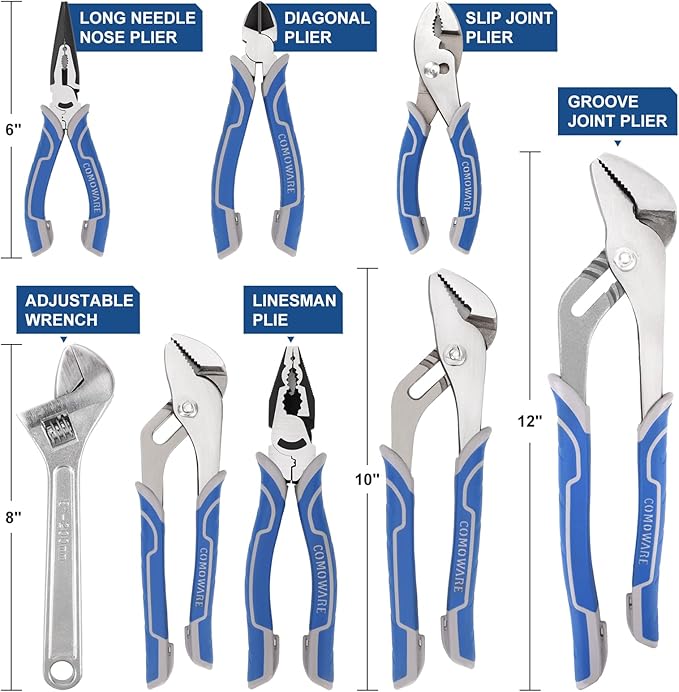 COMOWARE 8Pcs Pliers Set, 12", 10", 8" Groove Joint Pliers, 8" Adjustable Wrench, 8" Linesman, 6" Long Needle Nose, 6" Slip Joint, 6" Diagonal, Roll-Up Pouch Organizer, Rust-proof Black Oxide Coating