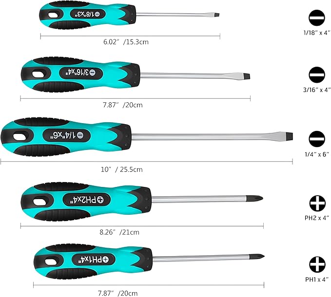 Vickay Magnetic Screwdriver Set,5 Pieces Slotted and Phillips Screwdriver with Ergonomic Comfortable Non-skid Handle,Permanent Magnetic Tips,Rust Resistant Heavy Duty Toolkit (Viridian Green)
