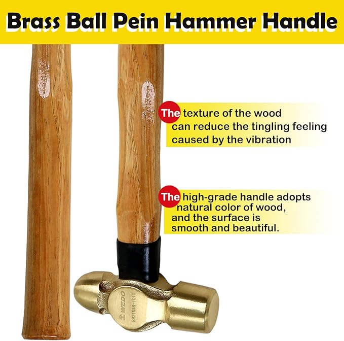 WEDO 2PCS Brass Ball Peen Hammer Set, 16 oz+16 oz(1lb+1lb), Brass Ball Pein Hammer Set with Wooden Handle, Die-Forged, Corrosion Resistant, DIN Standard