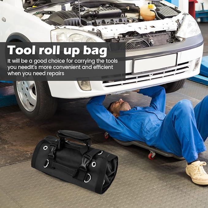Roll Up Tool Bag, Heavy Duty Tool Organizer with 5 Compartments & 2 Detachable Pouches, Portable Foldable Waterproof Tools Bag for Dad Men Electrician Mechanic Gifts (COLOR:Black)