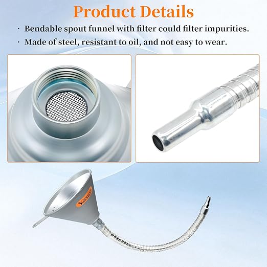 14.84" Steel Bendable Spout Funnel with Filter for All Automotive Oils, Metal Flexible Long Funnels for Automotive Use for Transmission Fluid, Diesel Fuel, and Other Liquids, with Gloves