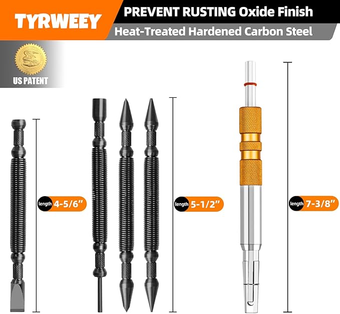 5-Piece Nail Setter Dual Head Nail Set & Dual Head Center Punch & Hinge Pin Remover Punch Set, Nail Setter Features 1/8-in, 3/16-in, 1/16-in, 1/32-in & Trim Nail Punch with Retaining Clip