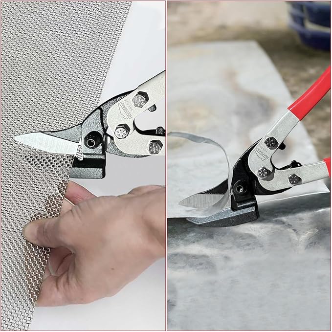 Tin Snips, 10 Inch Aviation Snips, Left Cut, Heavy Duty Sheet Metal Cutter with Safety Lock and Non-slip Handle, CR-V Steel Sharp Teeth, Metal Shears Scissors for Cutting Metal Sheet