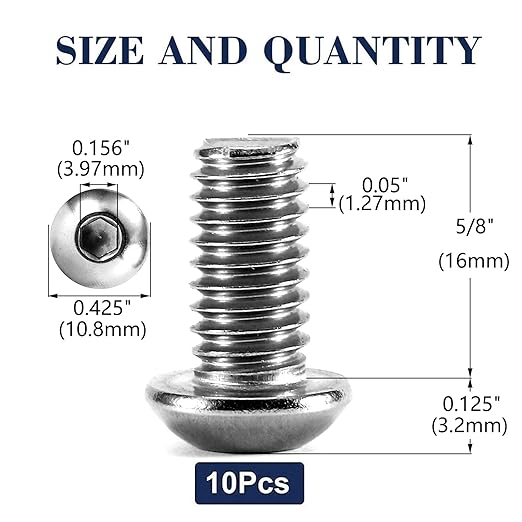 1/4-20 x 5/8" Button Head Socket Cap Bolts Screws, 10Pcs 304 Stainless Steel 18-8, Allen Hex Drive, Bright Finish by SG TZH(with Hex Spanner)