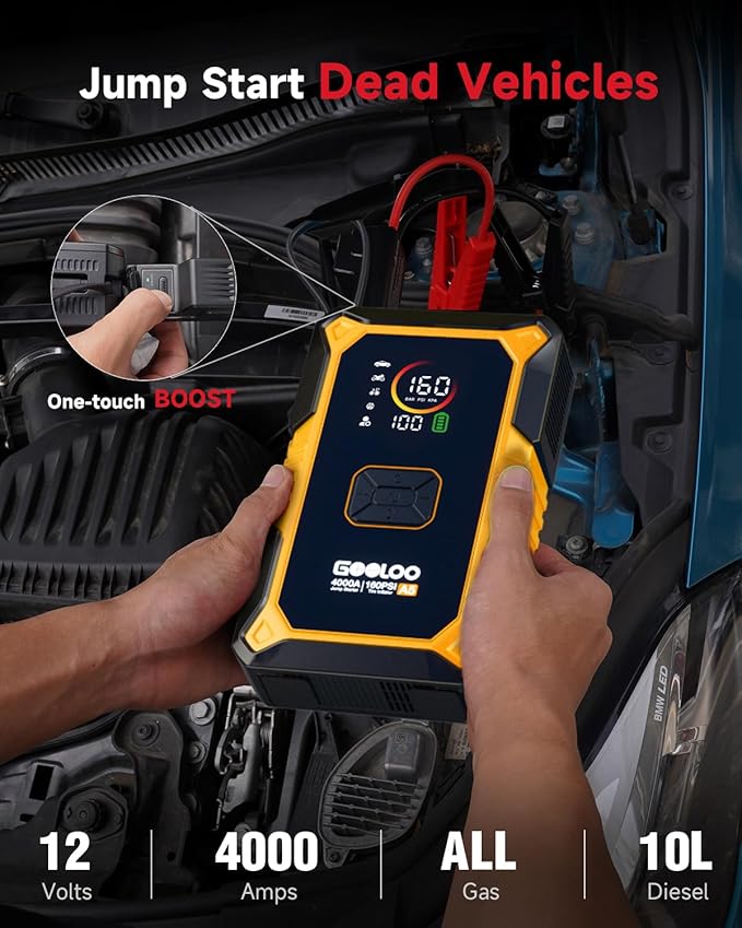 GOOLOO A5 Car Jump Starter with Air Compressor, 4000A Portable Car Jump Starter (All Gas/10.0L Diesel) with 160PSI Auto-Off Tire Inflator, 45W Output Power Bank,12V Battery Jumper Starter Portable